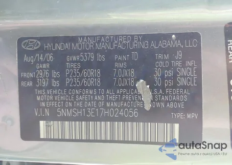 2007 Hyundai Santa Fe Limited/Se from USA, damaged, VIN 5NMSH13E17H024056